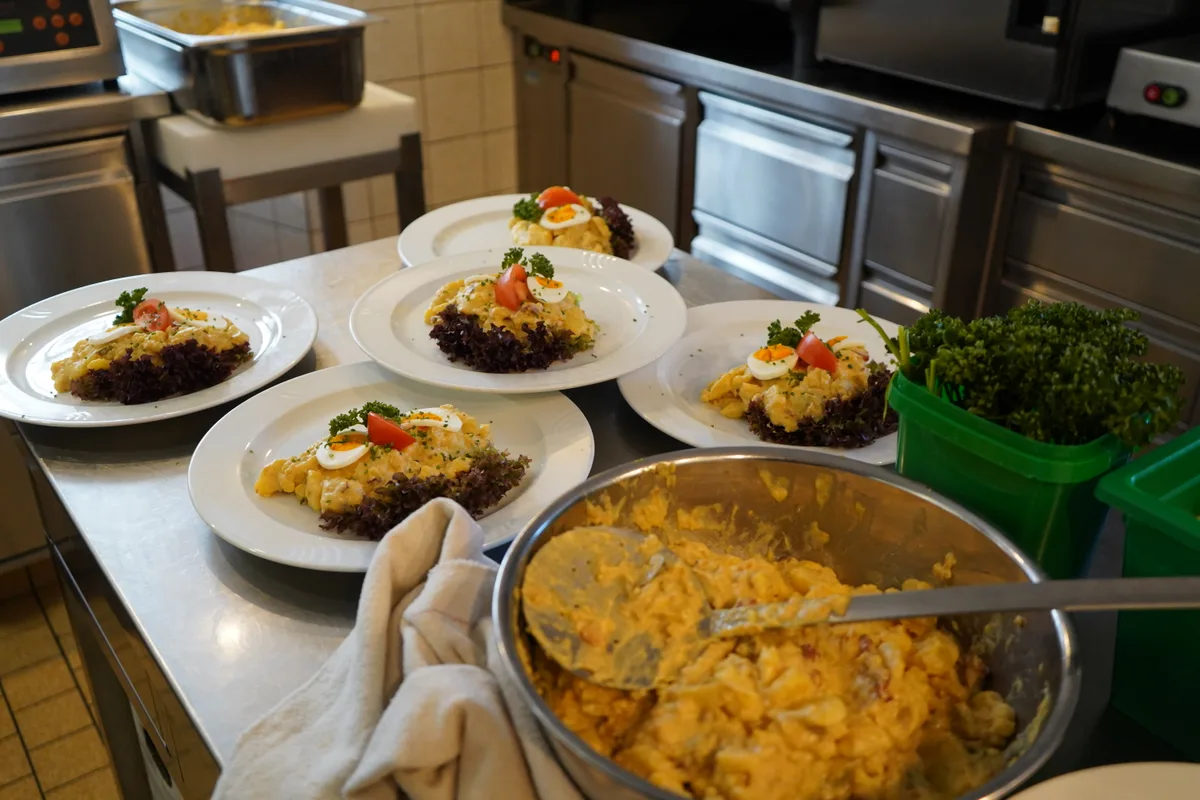 Kartoffelsalat liegt angerichtet auf Tellern.